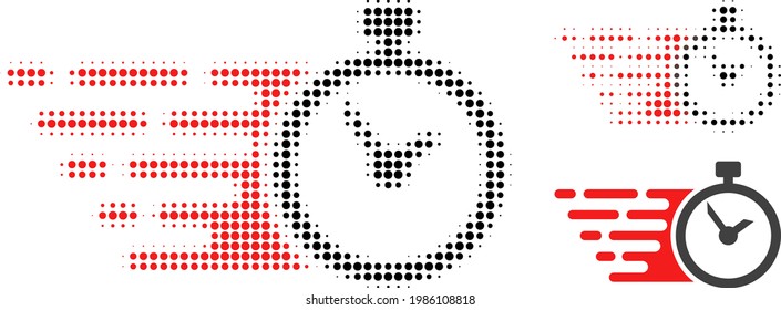 Time halftone dotted icon. Halftone pattern contains circle pixels. Vector illustration of time icon on a white background.