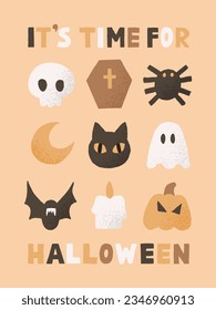 It's time for Halloween. Cute vector illustrations of pumpkin, black cat, skull, ghost, coffin, bat, moon, spider and candle. Autumn icons for greeting cards, banners or posters.