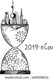 Time has begun - STOP coronavirus (2019-ncov), hand drawn evil virus or bacterium - Awareness lettering phrase. Coronavirus in China.