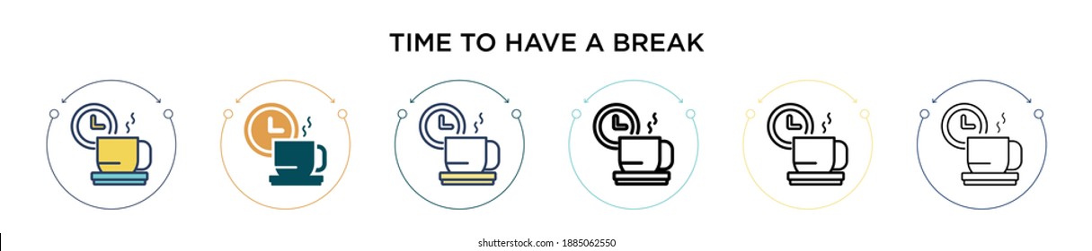 Time to have a break icon in filled, thin line, outline and stroke style. Vector illustration of two colored and black time to have a break vector icons designs can be used for mobile, ui, web
