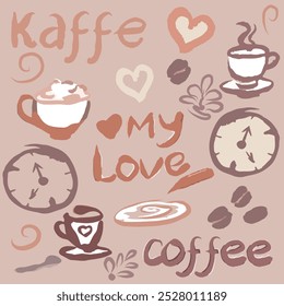 Time to have a coffe. Hand draw free illustration of cup of coffee, cloak, heart and hand written words, coffee, my love and coffee in German