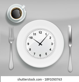 Time to have lunch vector poster, banner design template. Plate with clock, fork and knife, cup of coffee, top view illustration. Lunch time.