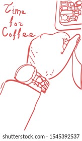 It's time to have some coffee. Handmade sketch. Coffee break at the workplace.