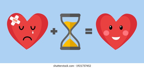 Time heal a broken heart concept vector illustration. Sad crying heart, sandglass clock and smiling happy heart  in flat design.