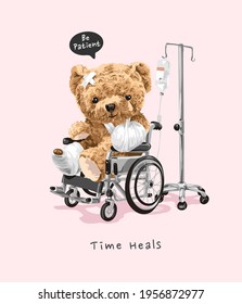 time heals slogan with patient bear doll on wheelchair vector illustration