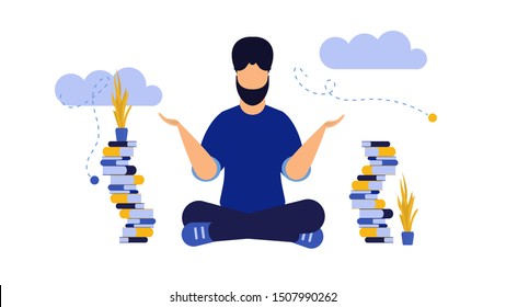 Time to health vector mind work meditation body man achievement. Person exercise focus harmony wellbeing yoga flat illustration concept. Business office relax balance training. Workout zen pose