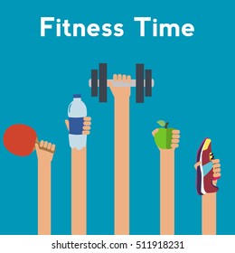 Time for healthy concept flat icons of jogging, gym, food, metrics. Isolated vector illustration and modern design element.