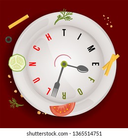 Time for healthy vegan lunch, conceptual vector watch with stylized clock hands like spoon and fork and vegetables on restaurant plate
