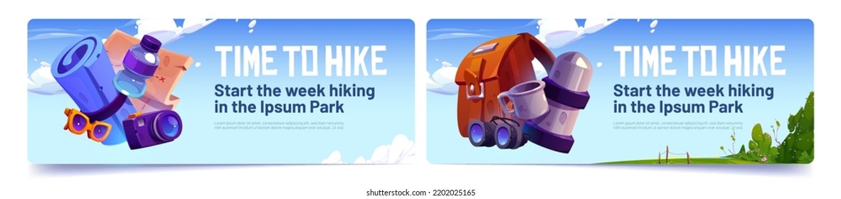 Time to hike banners, hiking camping adventure concept with tourist backpack, stuff and equipment. Travel trip, outdoor expedition journey or activity, tourism recreation, Cartoon vector illustration