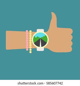 Time to hitchhiking. Thumb Up. Hand with baubles and clock. Flat vector illustration for travel.