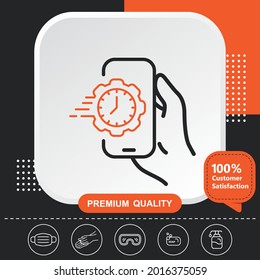Hora, hora, velocidad, icono de engranaje - fondo negro naranja con elementos gráficos para su diseño