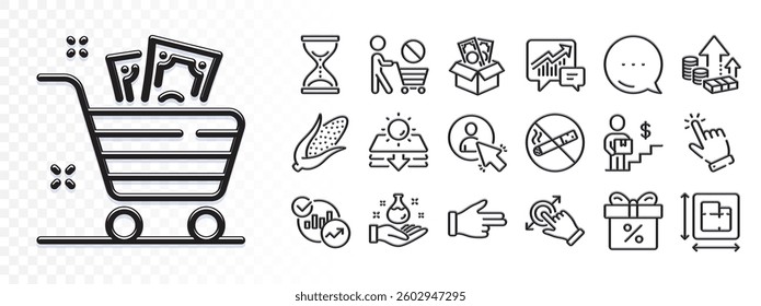 Time hourglass, Corn and Accounting line icons for web app. Glare of light effect. Message icon. Pack of Inflation, Discount offer, Click hand pictogram icons. Vector