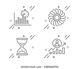 Time hourglass, Fan engine and Report timer line icons set. Career ladder sign. Sand watch, Ventilator, Growth chart. Manager results. Line time hourglass outline icon. Vector