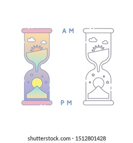 Time and hourglass with Sun and Moon isolated on white background. Time management concept.Vector illustration.