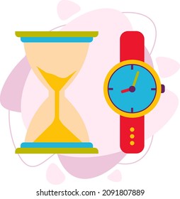 Tiempo. Vidrio y reloj de pulsera. Ilustración vectorial plana. Un reloj de pulsera mecánico.