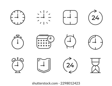 Zeit in Stunden, Zeilensymbole gesetzt. Unterschiedliche lineare Zeichen der Zeit, Uhr. Wecker, Stoppuhr, Stundenglas, Daten, Armbanduhr. Vektorsymbol-Illustration