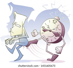 Time to hurry up. Dissatisfied character gets kick his ass by ringing alarm clock. Vector illustration.