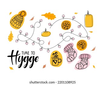 Time to hygge. Autumn set with hand drawn cozy elements. Warm knitted cap, socks, hot drink, candles, light garland, leaves. Fall season Attributes. Vector sketch icon isolated. Seasonal Design