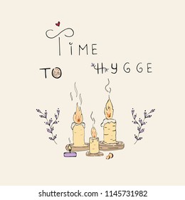 Time to hygge is a Danish living concept. Vector pastel background with hand drawn illustrations cozy home things
