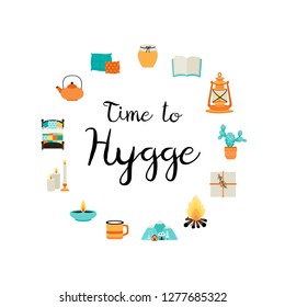 Time to hygge. Danish living concept. Scandinavian style. Nordic  home. Cute vector illustration with cute cozy autumn and winter elements. 