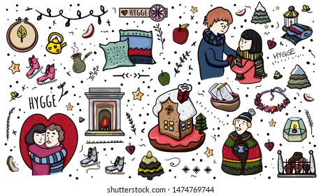 Time to Hygge doodle set. Danish living concept. Vector Cozy Home. Isolated on white background. Gingerbread house, a pair of lovers, hugs, love, peace, warmth, hearth. - Vector. Vector illustration