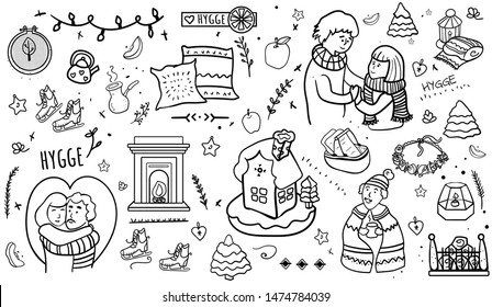 Time to Hygge doodle set. Danish living concept. Vector Cozy Home. Isolated on white background. Gingerbread house, a pair of lovers, hugs, love, peace, warmth, hearth. - Vector. Vector illustration