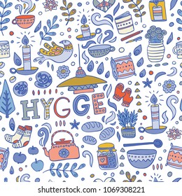 Time to Hygge. Hand drawn vector seamless pattern about danish living concept.