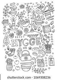 Time to Hygge. Hand drawn vector coloring page about danish living concept. 