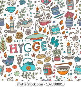 Time to Hygge. Hand drawn vector seamless pattern about danish living concept.