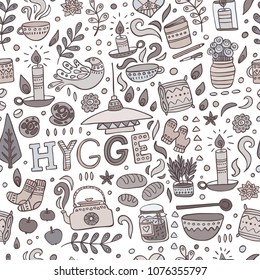 Time to Hygge. Hand drawn vector seamless pattern about danish living concept.
