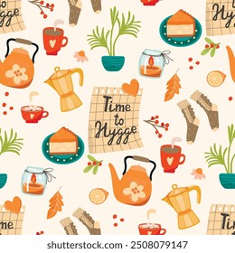 Time to Hygge seamless pattern with cozy items.Cartoon background with pie, teapot, coffee pot, cup, houseplant, warm socks, candle,berries,handwritten.Vector designs for printing on fabric.