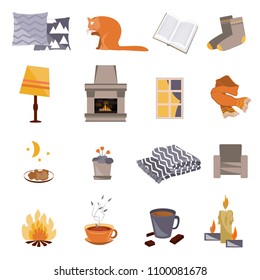 Time to Hygge. Vector flat icons set. Cozy home things like candles, socks, rug, tea, fireplace, chair, cat, pillows, window fire and other Danish happiness concept