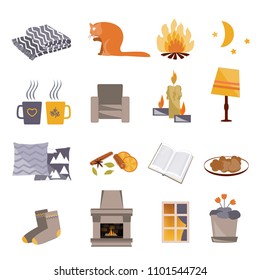 Time to Hygge. Vector flat icons set. Cozy home things like candles, socks, rug, tea, fireplace, chair, cat, pillows, window fire and other Danish happiness concept