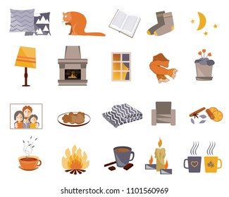 Time to Hygge. Vector flat icons set. Cozy home things like candles, socks, rug, tea, fireplace, chair, cat, pillows, window fire and other. Danish happiness concept