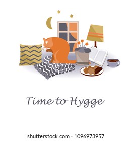 Time to Hygge Vector illustration. Cozy home things like candles, pillow, flower plant, rug, tea, and cookies. Danish living concept. Greeting card template