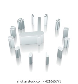 Time icon: 3d metallic Clock with reflection on White background, EPS 10 vector illustration.