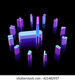 Time icon: 3d neon glowing Clock icon made of glass with reflection on Black background, EPS 10 vector illustration.
