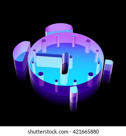 Time icon: 3d neon glowing Alarm Clock made of glass with reflection on Black background, EPS 10 vector illustration.
