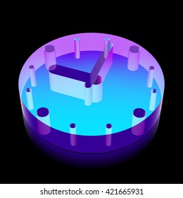 Time icon: 3d neon glowing Clock made of glass with reflection on Black background, EPS 10 vector illustration.