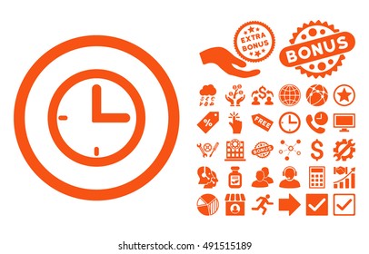 Time icon with bonus icon set. Vector illustration style is flat iconic symbols, orange color, white background.