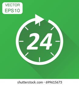Time icon. Business concept 24 hours clock pictogram. Vector illustration on green background with long shadow.