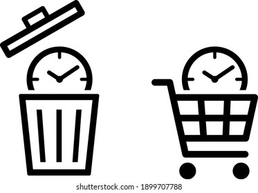 Time icon by clock, trash can and shopping cart