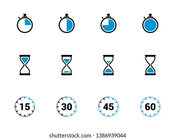 Time icon, Clock sign. Timer symbol. Stopwatch icon set. Alarm icon. Deadline. Hourglass, Sandglass. Time check. Seconds, minutes, hours. Quarter 15, half 30, three quarter 45, 60