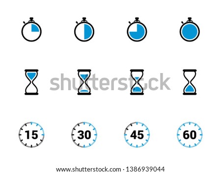 Time icon, Clock sign. Timer symbol. Stopwatch icon set. Alarm icon. Deadline. Hourglass, Sandglass. Time check. Seconds, minutes, hours. Quarter 15, half 30, three quarter 45, 60