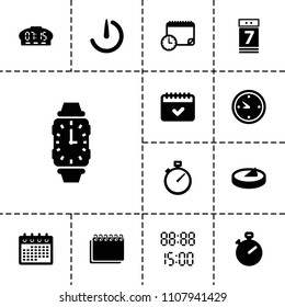 Time icon. collection of 13 time filled icons such as calendar, stopwatch, calendar 7 date, clock, stopwatch camera, wrist watch. editable time icons for web and mobile.