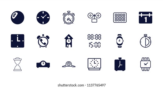 Time icon. collection of 18 time filled and outline icons such as calendar, clock, wall clock, cuckoo clock, alarm, wrist watch. editable time icons for web and mobile.