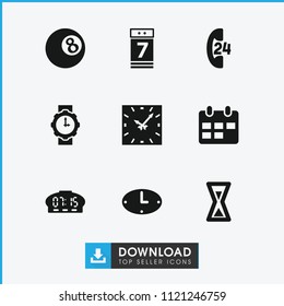 Time icon. collection of 9 time filled icons such as calendar 7 date, wall clock, wrist watch for woman, calendar, hourglass, clock. editable time icons for web and mobile.