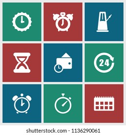 Time icon. collection of 9 time filled icons such as clock alarm, 24 hours, wallet, hourglass, sundial, pendulum, calendar, alarm. editable time icons for web and mobile.