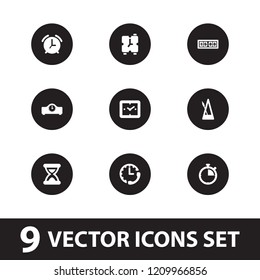 Time icon. collection of 9 time filled icons such as clock, digital clock, alarm, stopwatch, hourglass. editable time icons for web and mobile.
