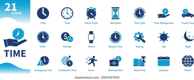 Icono de tiempo. Colección de iconos de reloj, gestión de tiempo, reloj de arena, Configuraciones, sincronización de tiempo. Iconos sólidos del vector.